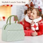 Lunch Bag Lunch Box for Women Adult Men Insulated Quilted Reusable Large Lunch Tote Bag Leakproof Simple Cooler Bag for Work Office Picnic Beach or Travel (B-Green Stripes / Medium - 10L)