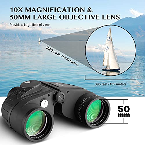 10x50 Waterproof Marine Binoculars for Adults with Rangefinder Compass BAK4 Prism FMC Lens for Birdwatching Hunting Boating Fishing Water Sports (Black)