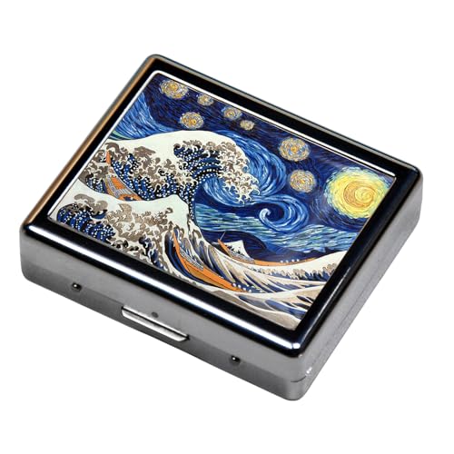 Silver Vintage Pill Box 7 Day Metal Pill Box with Mirror and 8 Compartments Cute Travel Pill Organizer for Purse (The Great Starry Wave)