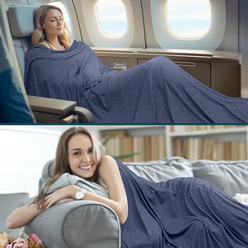 Travel Blanket Airplane Compact with Bag Lightweight (Navy Blue / 65 x 40 inches)