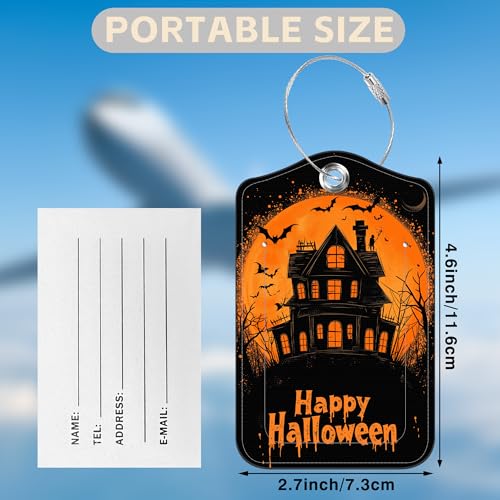 2 Pack Bat and Ghost Luggage Tags for Suitcases Happy Halloween Castle Leather Luggage Tags Privacy Cover ID Label with Stainless Steel Loop and Address Card for Women Men Travel Bag Backpack (Happy Halloween Castle)