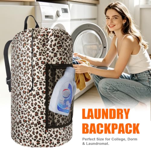 Laundry Backpack Portable Travel Laundry Bags with Straps and Mesh Pocket (Leopard Print / 2 Pack)