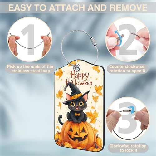 Halloween 2 Pack Luggage Tags for Suitcases Cute Black Cat on Pumpkin Leather Luggage Tags Privacy Cover ID Label with Stainless Steel Loop and Address Card for Women Men Travel Bag Backpack (Cute Black Cat on Pumpkin)