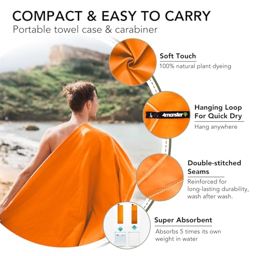 Quick Dry Travel Towel with Case & Carabiner (Orange / 31.50" x 15.80")