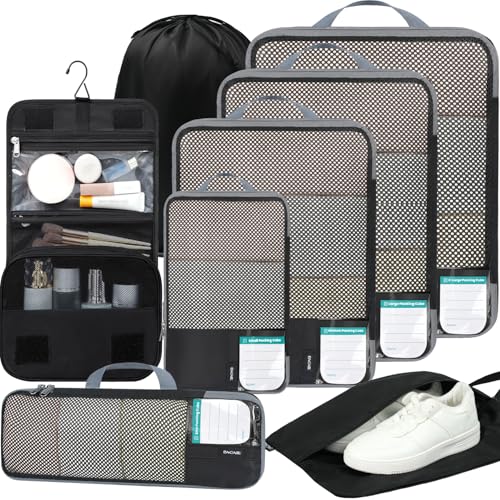4 Set/6 Set/8 Set Compression Packing Cubes Travel Accessories Expandable Packing Organizers (Half Mesh, 8-Jet Black) (8-Jet Black / Half Mesh)