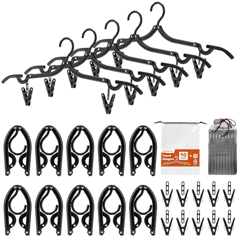 Black Travel Hangers with Clips (10 Pack + 10 x Clips + 1 x Storage bag / Black)