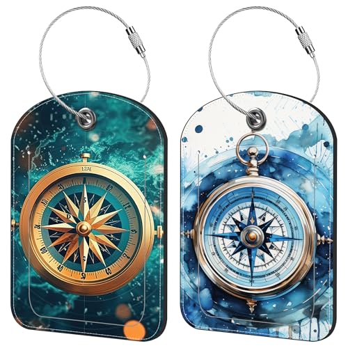 Old Compass on Vintage Map Luggage Tag for Suitcase Set of 2 PU Leather Cute Luggage Tags with Stainless Metal Loop ID Label Privacy Flap Suitcase Tags for Women and Men Travel (Old Compass on Vintage Map)