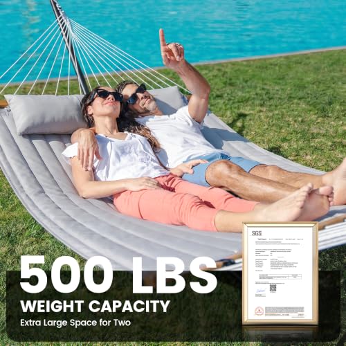 Double Hammock with Stand 500lbs Heavy Duty Outdoor Two Person Gray (Dark Grey)