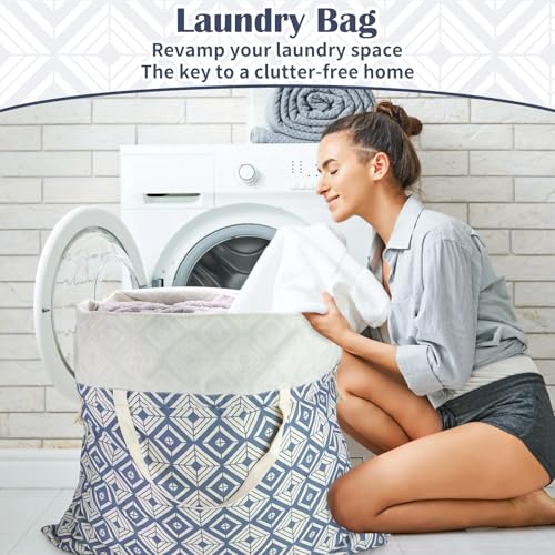 Canvas Laundry Bag with Handles & Drawstring (Geometry Blue,1pc XL / XL 33"W x 35"H┃1 Pack)