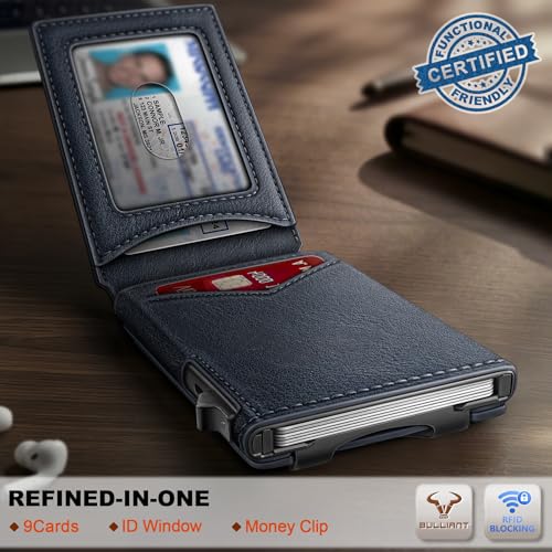 Men Slim Magnetic Leather Wallet Metal Case Money Clip 9 Cards (Purplish Blue-3927)