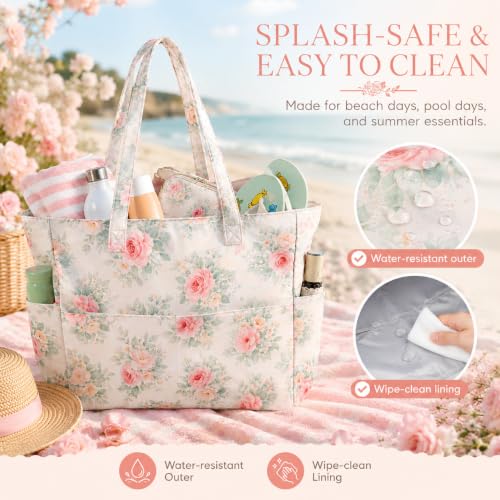 Beach Bags for Women (Pink Peony Floral Beige)