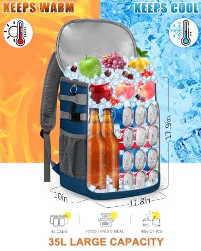 Cooler Backpack Insulated Leak Proof for Women Men Soft Cooler Bag (45 Cans / Leather Blue)