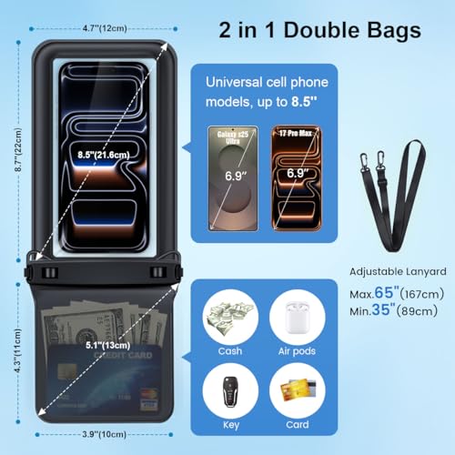 Double Space Floating Waterproof Phone Pouch [Up to 8.5''] (Black & Black)