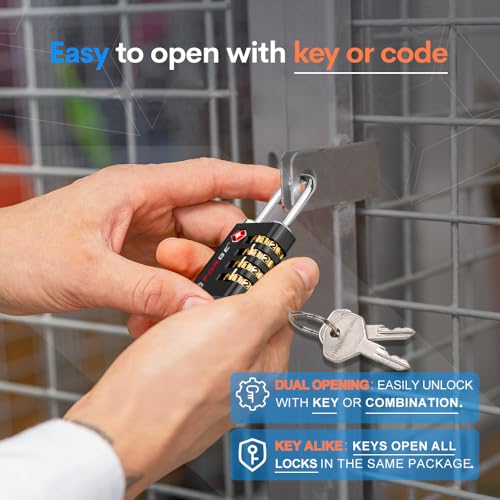 Dual-Opening: Key or Combination Access Lock, TSA Approved Locks for Luggage, Pelican case, Travel, Gym, School, Stainless Steel Shackle. (Black, 4 Pk) (4 Pack / Black)