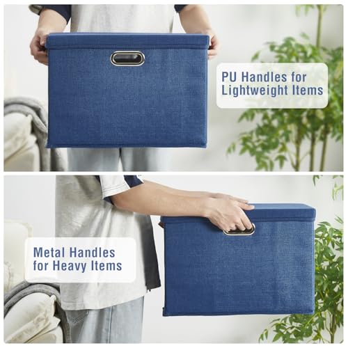 17" Large Fabric Storage Box with Lids (Navy / Large -2 Pack)