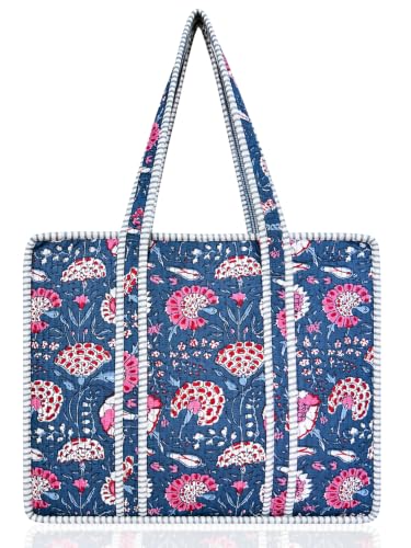 100% Cotton Quilted Tote Bag For Women (Alexis Blue Floral Print)