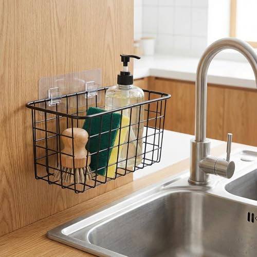 2 Set Adhesive Hanging Wall Basket Inside Cabinet Door Organizer (Black / 2 PACK)