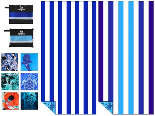 2 Pack Microfiber Beach Towels Oversized 71x32 Blue Striped (2 Pack Blue Navy Multi / X-Large (32x71 inches))