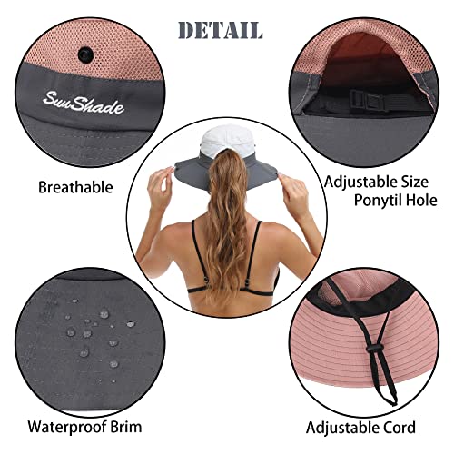 Womens Summer Sun Hat Beach Hat Wide Brim Outdoor UV Protection Hat Foldable Cool Mesh Ponytail Bucket Hat (6-7 / Grey+pink)