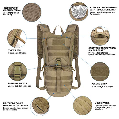 Tactical Hydration Backpack with 3L Water Bladder (Tan)