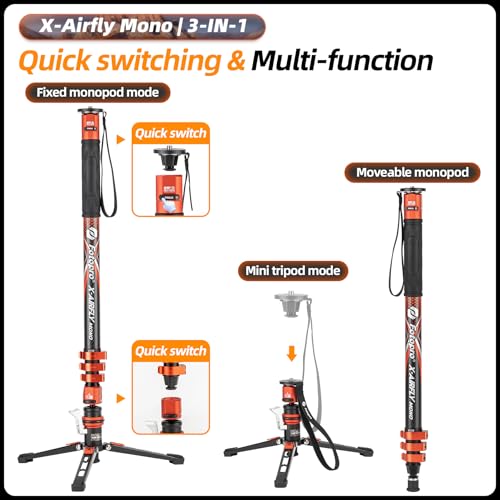 73" 3-in-1 Carbon Fiber Monopod with Pedal, Carbon Fiber Travel Monopod with Feet Max Load 22lbs for DSLR Camera Stabilizer Videography Kit, X-Airfly Mono Orange (Orange)