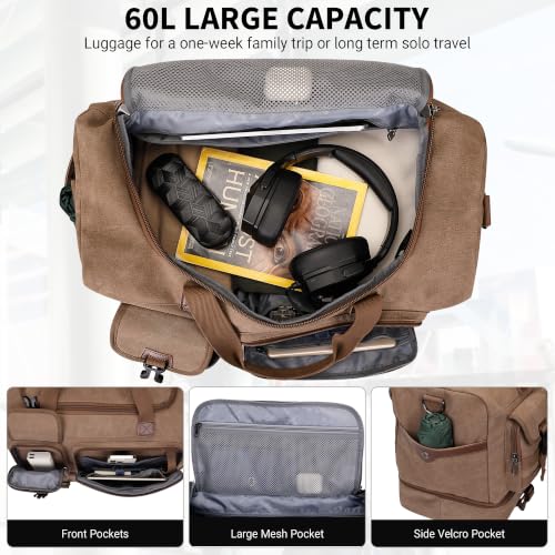 Duffle Bag for Men 60L Travel Canvas Weekender with Toiletry Bag (Brown)