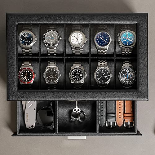 10 Slot Watch Box in Leather with Valet Drawer (Black/Grey)