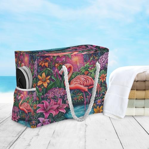 Large Beach Bags Totes Canvas Tote Shoulder Bag Soft Wave Water Resistant Bags for Gym Travel Daily Ocean (Flamingo Flowers)
