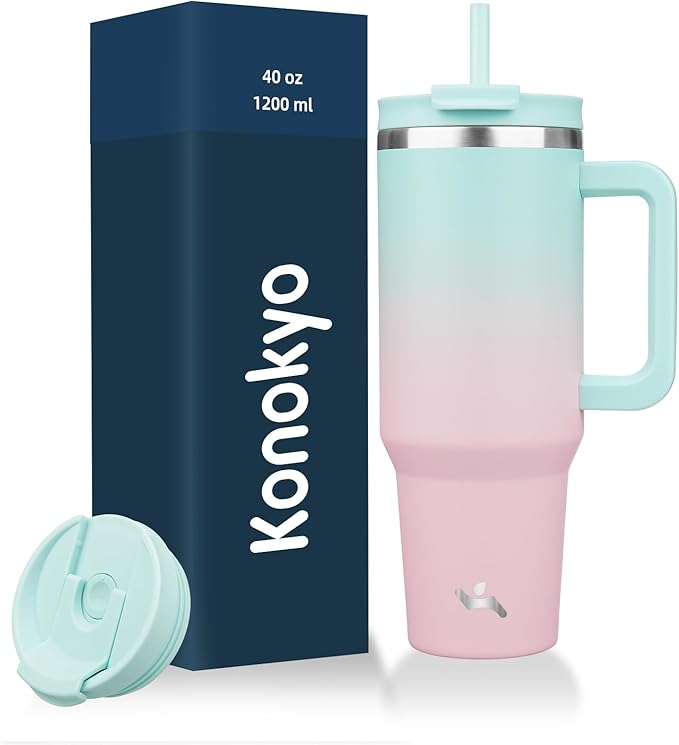 40 oz Tumbler with Handle and 2 Straws, 2 in 1 Lid Insulated Water Bottle by Konokyo