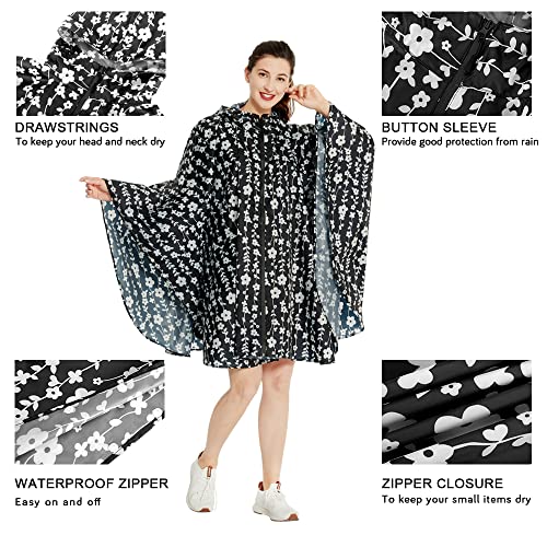 Rain Poncho Jacket Coat Hooded Zipper Style for Women (One Size / Black/White Flower)