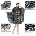 Rain Poncho Jacket Coat Hooded Zipper Style for Women (One Size / Black/White Flower)