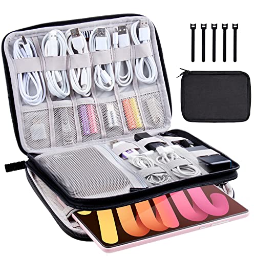 Electronics Organizer Travel Case Cord Cable Charger Organizer Bag Travel Accessories Essentials for Women Men Double Layers Tech Pouch with 5 Cable Ties for Phone Power Bank SD Card USB (A-black)