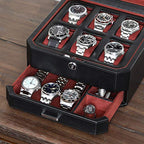 6 Slot Leather Watch Box with Valet Drawer (6 Slot - Black / Red)