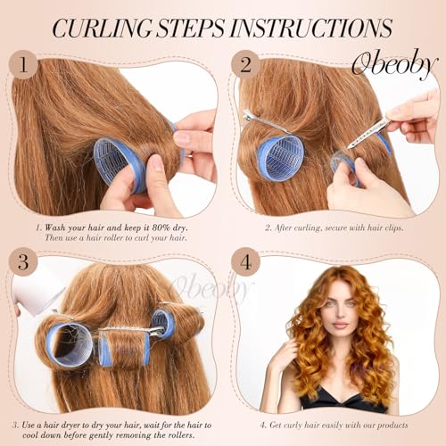 4 Sizes Hair Rollers Curlers Set with Clips for Women Girls (Blue)