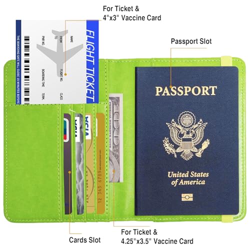 Premium Passport Holder for Travel RFID Blocking Passport Cover Slim (Green / Classic Metal Stamp)