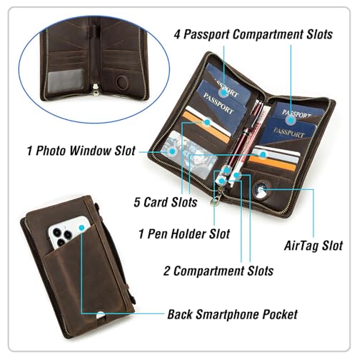 Top Grain Leather Travel Passport Wallet Holder Case for Man & Woman (For 4 Passports-Zipper Style / AirTag Slot-Matte Coffee)