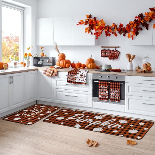 10 Pcs Fall Pumpkin Kitchen Decor Set Kitchen Towels Pot Holders Oven Mitts and Rugs Set Thanksgiving Towels for Baking Cooking BBQ Autumn Home (White, Orange / Checkered Pumpkin)