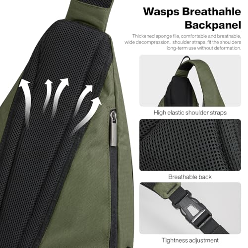 Sling Bag Men Backpack Unisex One Shoulder Bag Hiking Travel Backpack Crossbody with USB Port for Men Women Versatile Casual Daypack (Olive Green-20'')