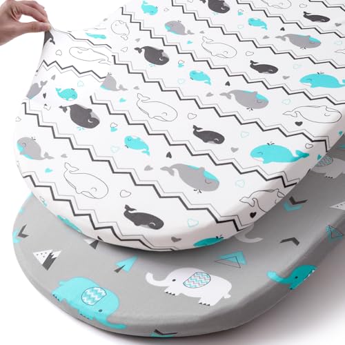 Stretch Fitted Bassinet Sheet Set BROLEX 2 Pack Cradle Sheets for Bassinet Pad (Elephant Whale / 32x16 Inch)