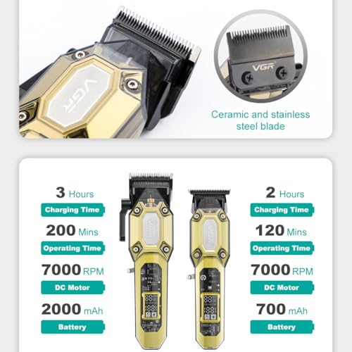 600&900 Cordless Barber Clipper Trimmer Set with LED Display (Gold)