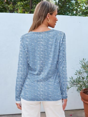 Long Sleeve Shirts for Women Casual Crewneck Tops Basic Tees (Large / Bluestripes)