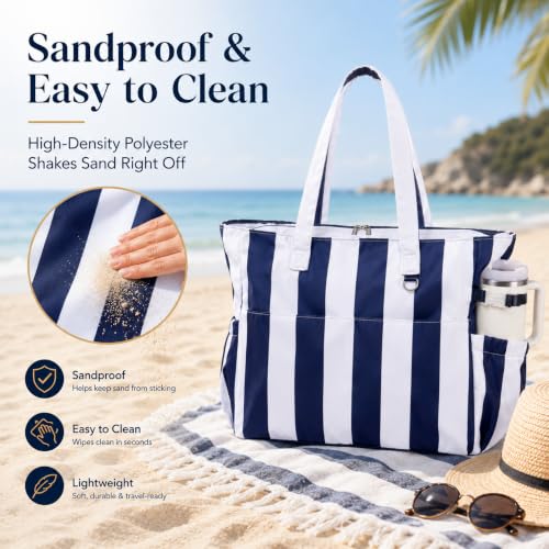 Beach Bag Waterproof Sandproof Women Beach Tote Pool Bag with Zipper for Gym Grocery Travel with Wet Pocket (Light Navy Blue)