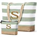 Beach Bag Initial Beach Tote with Makeup Bag for Travel (Light Green / S)
