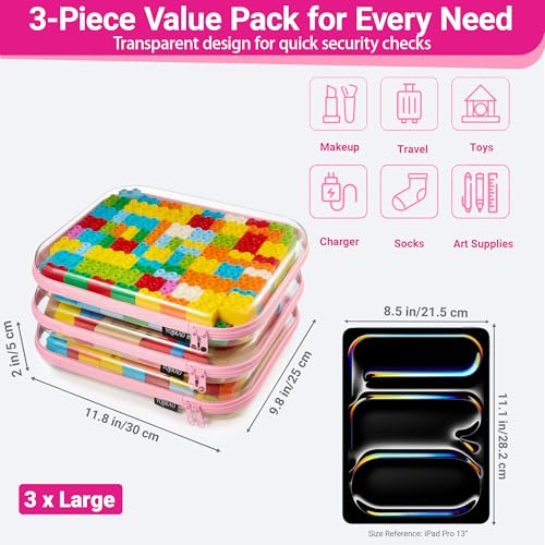 Clear Hard Shell Zipper Cases (Pink / 3 Pack(L))