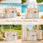 Waterproof Beach Tote Pool Bags for Women Ladies Extra Large Carry On Bag With Wet Compartment for Weekender Travel (Dark Brown Checkered)