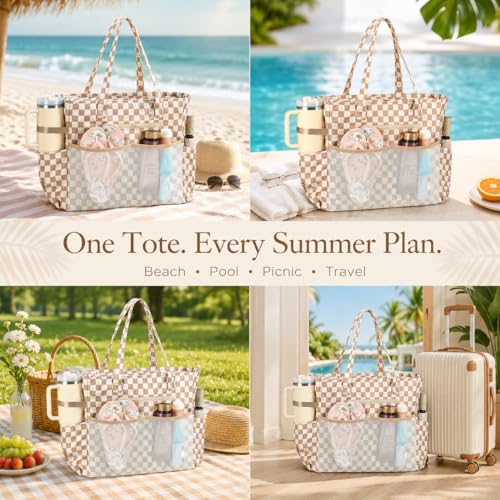 Waterproof Beach Tote Pool Bags for Women Ladies Extra Large Carry On Bag With Wet Compartment for Weekender Travel (Dark Brown Checkered)