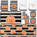 10 Pcs Fall Pumpkin Kitchen Decor Set Kitchen Towels Pot Holders Oven Mitts and Rugs Set Thanksgiving Towels for Baking Cooking BBQ Autumn Home (Black, White, Orange / Stripe Pumpkins)