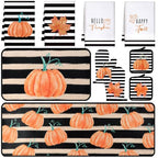 10 Pcs Fall Pumpkin Kitchen Decor Set Kitchen Towels Pot Holders Oven Mitts and Rugs Set Thanksgiving Towels for Baking Cooking BBQ Autumn Home (Black, White, Orange / Stripe Pumpkins)