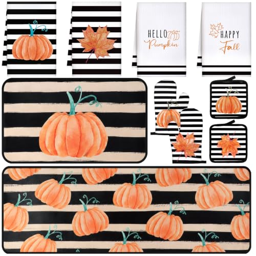 10 Pcs Fall Pumpkin Kitchen Decor Set Kitchen Towels Pot Holders Oven Mitts and Rugs Set Thanksgiving Towels for Baking Cooking BBQ Autumn Home (Black, White, Orange / Stripe Pumpkins)