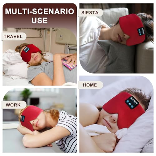 Sleep Mask Bluetooth 5.4 Headphones Soft Wireless Headband Eye Mask Blackout with Microphone (Red)